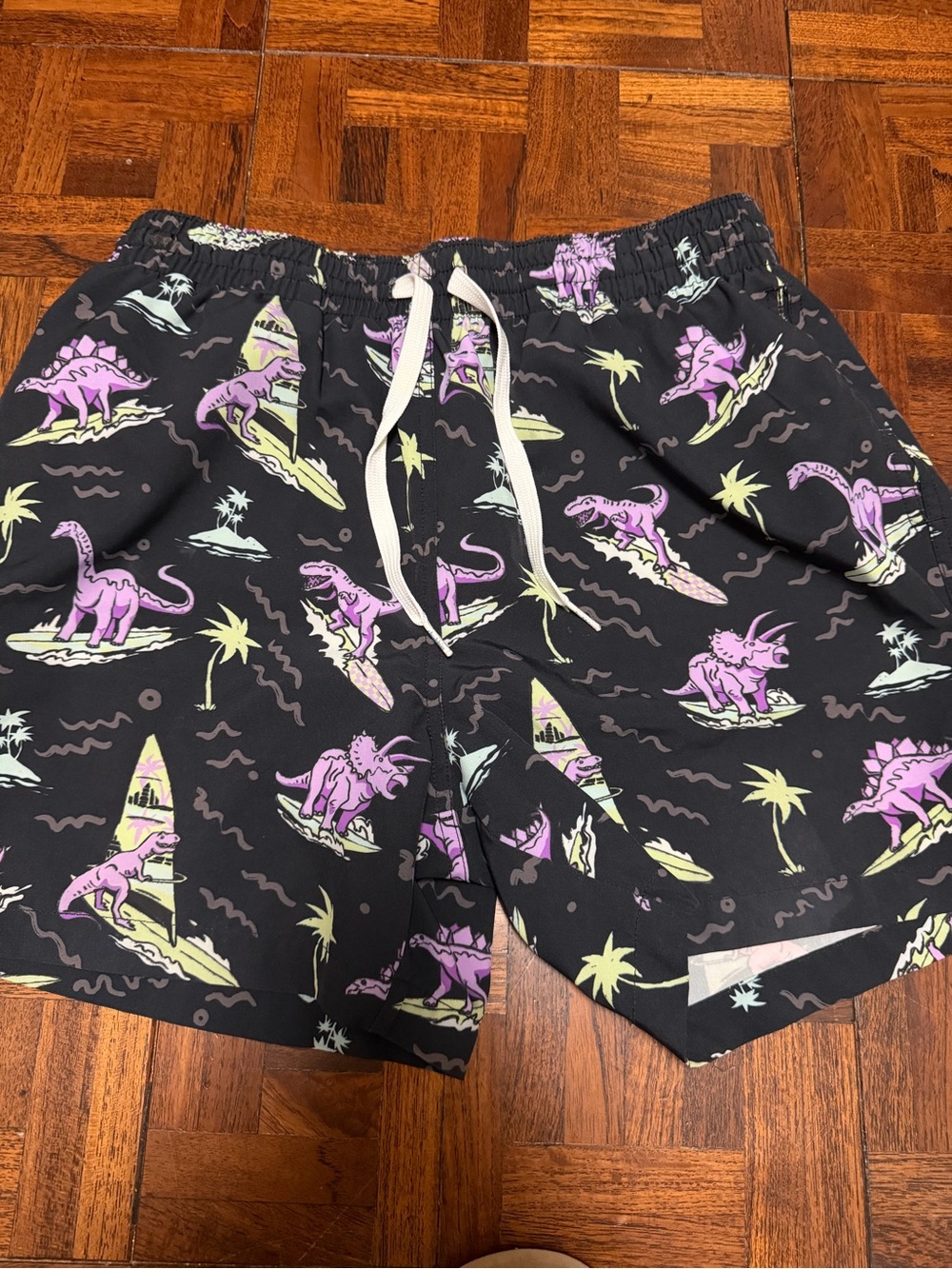 chubbies Black Swim Trunks with Purple Dino Surf Print